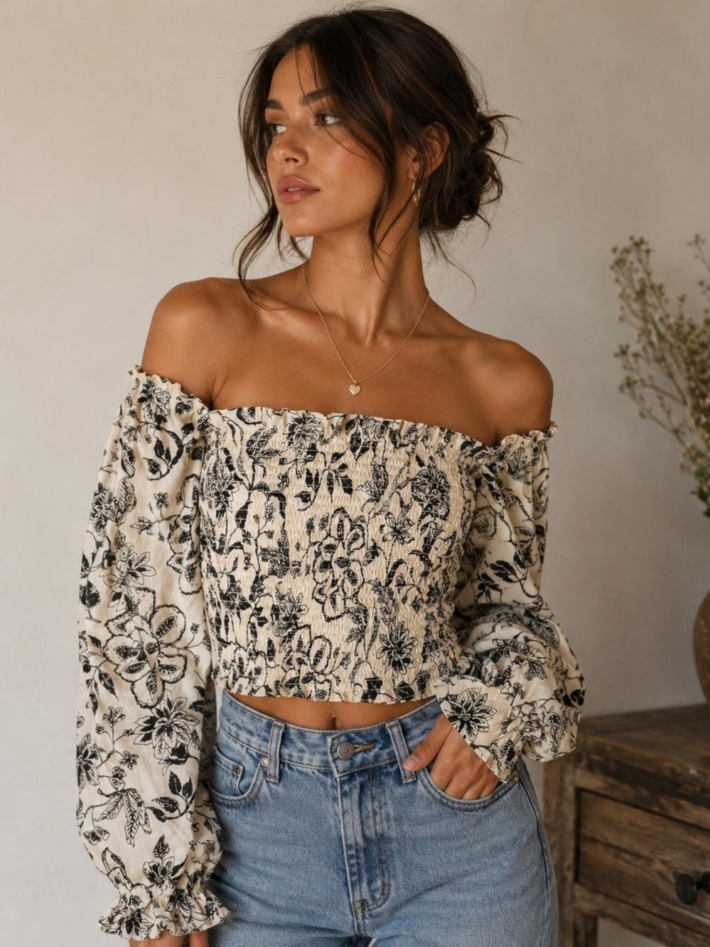 Japna Off-Shoulder Cream Floral Smocked Crop Top Long Sleeve XS Boho Cottage